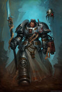 A Space Marine of the Grey Knights Chapter accompanied by his Familiar, a Servo-skull