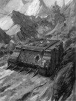 A Rhino of the Space Wolves Chapter rumbling into battle