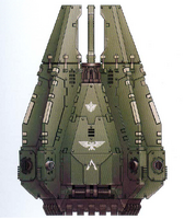 A Drop Pod of the Dark Angels Chapter, side view