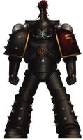 A Sons of Horus Legionary of one of the 1st Company's Catulan Reaver Assault Squads; note the distinctive black Power Armour with extensive Cthonian gang glyph-markings, the variant Eye of Horus icon (possibly denoting Warrior Lodge membership) and the use of the Cthonian serpent-eye glyph on shoulder guard