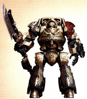 A Legio Custodes Contemptor-Achillus Dreadnought, armed with an Achillus Dreadspear with built-in Corvae Las-Pulser and a Dreadnought Close Combat Weapon with built-in Lastrum Storm Bolters