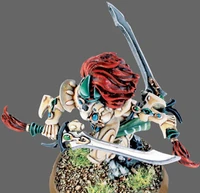 An overhead view of an Eldar Howling Banshee Exarch wielding twin Mirrorswords.