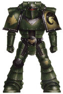 Pre-Heresy era Salamanders Tactical Marine in Mark II Crusade Power Armour; note that this Astartes was a member of the XVIII Legion before the discovery of Vulkan, and at this time the XVIII Legion made no attempt to record individual deeds upon their armour and bore no informal ranks; this particular Legionary bears the insignia of the Saturnyne Ram.