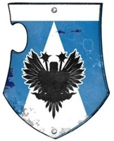 Honoured member of a Questor Imperialis house's Exalted Court bearing the design of a Master of Justice on his Knight's tilted plate.