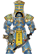 A Thousand Sons Scarab Occult Terminator wearing ancient Tartaros Pattern Terminator Armour; this Sekhmet is marked out by his Sorcerer master with symbols of adornments on his pauldrons