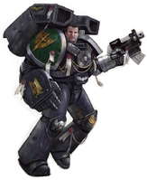 A Deathwatch Assault Marine of the Dark Angels Chapter.