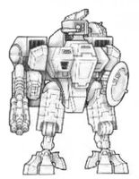 A T'au Commander's XV8 Crisis Battlesuit at ease; armed with a special issue Cyclic Ion Blaster, a Shield Generator and a special issue Command and Control Node