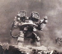 An ancient pict-capture of a Deredeo Pattern Dreadnought during the Horus Heresy