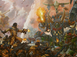 Ghazghkull leads his greenskins against troopers of the 