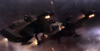 An ancient pict-capture of a Thunderhawk Transporter of the Sons of Horus Legion in flight during the Istvaan III Atrocity