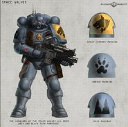 A Vanguard Infiltrator of the Space Wolves Chapter. The Vanguard Space Marines of the Space Wolves all wear grey and black pack markings.