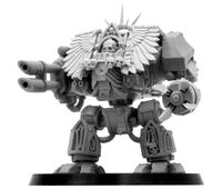 A Chaplain Dreadnought armed with twin-linked Lascannons and a Dreadnought Close Combat Weapon