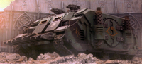 An ancient pict-capture of a Deimos Rhino of the Sons of Horus Space Marine Legion.