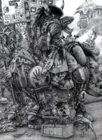 An Imperial illistration of an Ork Warboss upon his Super-Cyboar mount