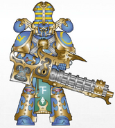 A Tizcan Host Legionary bearing a heavy weapon, blessed with the Mark of Tzeentch upon its housing.