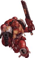 A Blood Angel of the 2nd Company, "the Blooded," in the throes of the Red Thirst savagely attacks the Chapter's foes