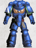A Primaris Space Marine of the Ultramarines in Mark X Tacticus Power Armour, Battle-Brother Darius, 4th Company, 9th Squad (fire support).