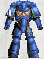 An Ultramarines Primaris Space Marine, Battle-Brother Darius, 4th Company, 9th Squad (Fire Support) in Mark X Tacticus Power Armour