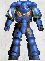 An Ultramarines Primaris Space Marine, Battle-Brother Darius, 4th Company, 9th Squad (Fire Support) in Mark X Tacticus Power Armour.