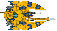 Dorsal view of an Iyanden Fire Prism grav-tank. Note that Iyanden's grav-tanks are coloured predominantly golden yellow, with regal blue to tie vehicles in a squadron together