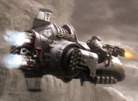 An ancient pict-capture of a Javelin Attack Speeder of the Raven Guard Legion during the Horus Heresy