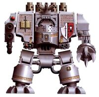 An advanced Aegis Dreadnought of the Grey Knights Chapter, armed with twin-linked Lascannons and a Dreadnought Close Combat Weapon.