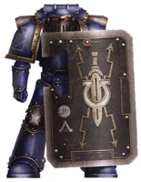 An Ultramarines Legion Breacher Legionary Varinius, 97th Company, 9th Chapter (Attached to 402th Flotilla) Fleet Defence Attachment, Battle-Barge Phaunos Note: Wearing late production Mk III. Boarding shield displays the heraldry of a veteran Breacher squad.