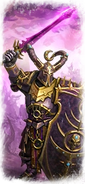 A Chosen of Slaanesh armed with sword and shield as depicted in Total War: Warhammer III.