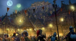 The lively and beautiful streets of Nuln on a cloudless night, with the Palace of   looming overhead.