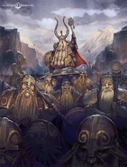 A Dwarf Lord leading a throng while being carried by his loyal Shieldbearers.