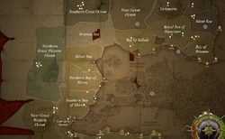 A map of the northern regions of the  as depicted in . Each location's name matches those used in the game. The symbols depicting which faction is patrolling each area represents their positions in 2517  but are subject to minor changes as the game's campaign progresses