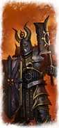 A Chaos Chosen armed with axe and shield as depicted in Total War: Warhammer.