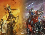 Promotional art for the Tomb Kings of Khemri and the Kingdom of Bretonnia factions.