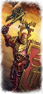 A Chosen of Khorne armed with axe and shield as depicted in Total War: Warhammer III.