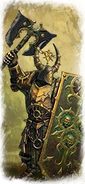 A Chosen of Nurgle armed with an axe and shield as depicted in Total War: Warhammer III.