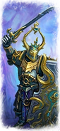 A Chosen of Tzeentch armed with sword and shield as depicted in Total War: Warhammer III.