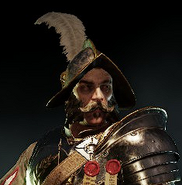 This helmet is of the Estalian Morion style, and is said to have originally belonged to a soldier of the renowned Pirazzo's Lost Legion. It's previous owner, an Ostland Swordsman, was fortunatley wise enough to clearly mark the helmet with Imperial insignia to avoid being mistaken for the enemy on the battlefield.[7]