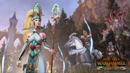 The Everqueen Alarielle commands her elite Handmaidens of the Everqueen in Total War: Warhammer II.