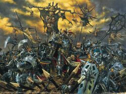Black-armoured Norscan warriors forge barbaric enclaves in order to defend the Middenplatz.