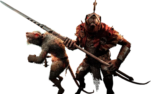 A Stormvermin standing next to a lowly Skavenslave.