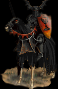A Black Grail Knight mounted atop his Nightmare steed as depicted in Warhammer: Dark Omen.