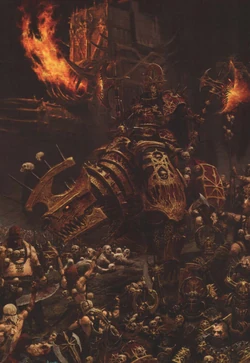 A Champion of Khorne mounted atop a  .