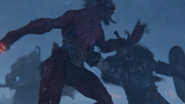 A Tzar Guard locked in battle with a Daemonic foe as depicted in Total War: Warhammer III.