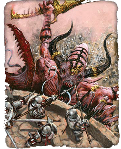 A Keeper of Secrets assaults an  fortress.