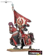 A standard bearer of a Bretonnian army mounted on a Bretonnian Warhorse.