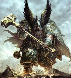 A powerful Dwarf thane armed with a  marches to meet the enemy.