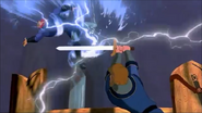 Arthur rebounding Ruber's attack with Excalibur.