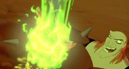 The potion's flames appearing on Ruber's hand and Excalibur.