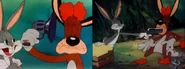 The two alternate endings to Hare Ribbin', general release (left), "director's cut" (right). Each depicts the dog's death via gun violence, which is today considered too harsh for its target audience.