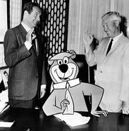 Joseph Barbera, Daws Butler (as Yogi Bear) and William Hanna on The Yogi Bear Show in 1961.